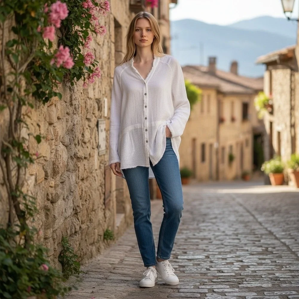 We The Free Button Down Top Womens XS White Gauze Oversized Long Sleeve